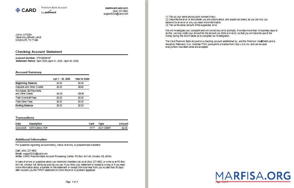 Realistic USA TX Card premium bank account statement word template